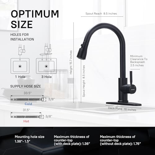 WEWE Pull-Down Kitchen Faucet, 3-Mode Sprayer, Matte Black, 2 Set - Image 2