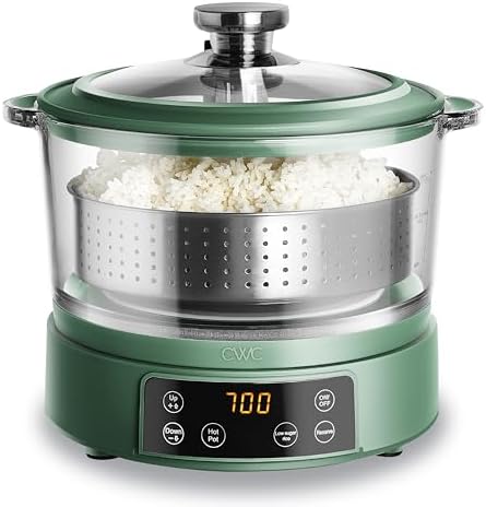 COOK WITH COLOR Glass Mini Low Carb Rice Cooker – Holds 2 Cups Raw/Makes 6 Cups Cooked with Auto Lift Filter Basket, Hotpot & Steamer for Rice, Grains, Digital Panel with Keep Warm, Dark Sage by CookwithColor