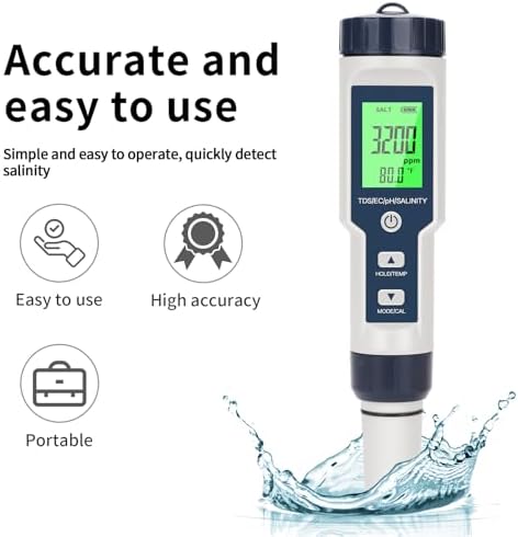 Pool Salt Tester,Digital Pool Water Tester,Accurate and Reliable,Salinity, pH Meter, EC, TDS, and Temperature 5 in 1;Salt Water Pool Testing kit, Used for Pool Salt and hydroponic Plants - Image 6