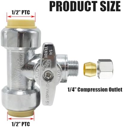 TTFLEX 1/2" x 1/2" x 1/4" Tee Valve Push to Connect Shut Off Valve 1/4 Turn - Image 2