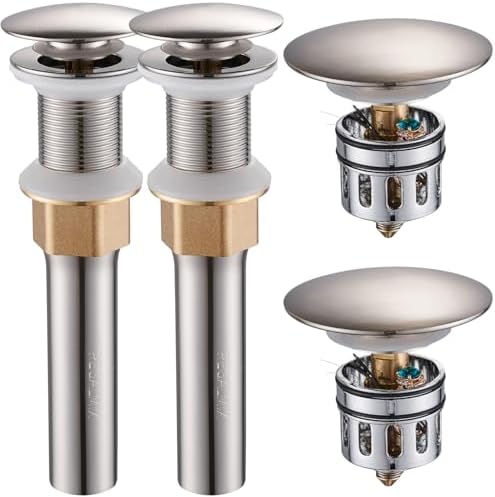REGALMIX Bathroom Sink Drain Stopper Without Overflow, Pop Up Drain with Detachable Hair Catcher for Lavatory Vanity Vessel Sink, Brushed Nickel 2 Pack, RM082B-P2 by REGALMIX