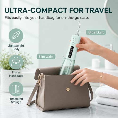 MOCEL Water Dental Flosser, Cordless Portable Oral Irrigator with OLED Display, 300ml Water Tank, 5 Cleaning Modes, 6 Jet Tips, IPX7 Waterproof Rechargeable Teeth Cleaner for Travel, Braces Green - Image 3