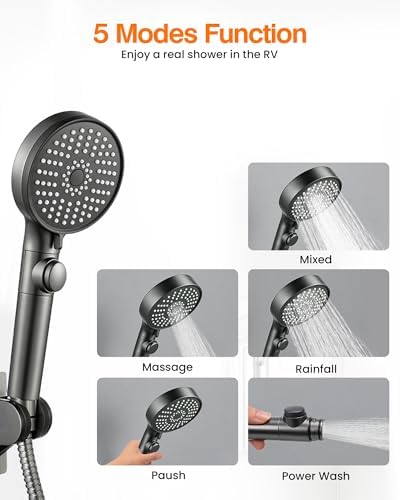 RV Shower Head with Hose, High Pressure Handheld RV Shower Head Replacement with On Off Switch,5 Modes,Power Jet, Camper Shower Head for RV,Travel Trailer,Motorhome,Boat RV Essentials,Gray - Image 2