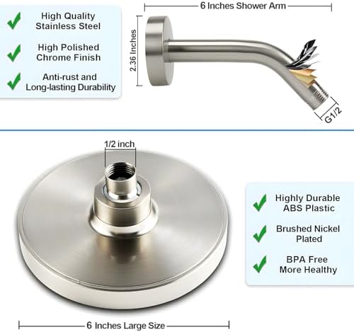 6" Rain Shower Head & 6" Shower Arm, Luxury Brushed Nickel Finish - Image 5