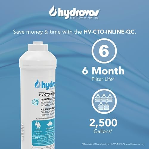 HYDROVOS Inline Water Filter for Refrigerator, Ice Maker, Reverse Osmosis System, 1/4" Push-In Quick Connect, 10" Carbon Water Filter Reduces Chlorine Taste & Odor for Drinking Water, RV Water Use - Image 5
