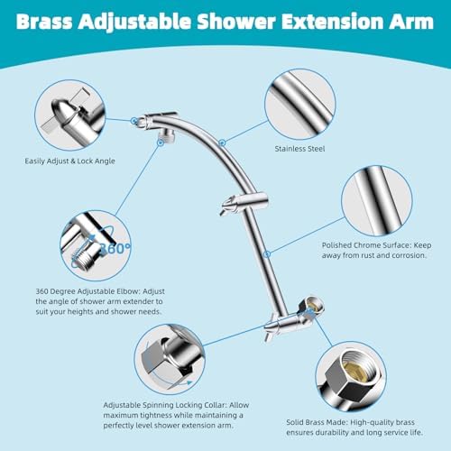 Hibbent Rain Shower Head, 13'' High Pressure Rainfall Square 5 Spray Mode Showerhead with 16" Shower Head Extension Arm, Solid Brass Adjustable Shower Arm Extender, Waterfall fixed Showerheads, Chrome - Image 5