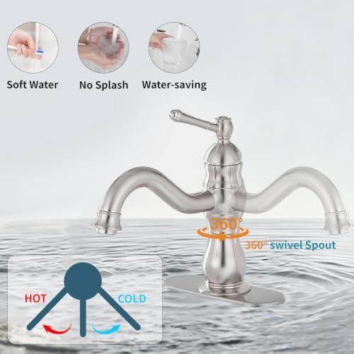 Bathroom Faucet Brushed Nickel GGStudy 360° Swivel Bathroom Vanity Faucet Single Handle One Hole Bathroom Sink Faucet Basin Matching Pop Up Drain with Overflow - Image 4