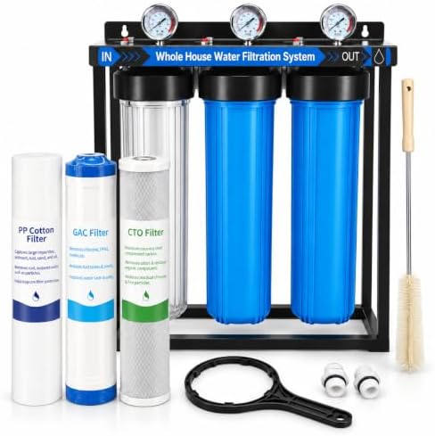 Whole House Water Filter System, 3-Stage with 20" PP GAC CTO Filters, 1" Ports, 3 Pressure Gauges, Clear Housing, Metal Stand, Cleaning Brush & Wrench, Reduces Sediment, Chlorine & Odor by Virego