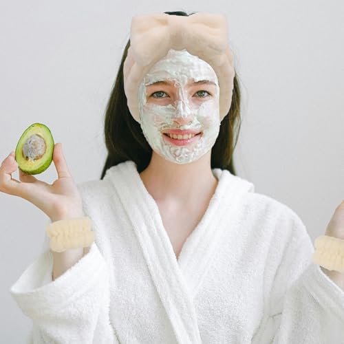Beige Skincare Bubble headband and wristband set for Face Washing - Image 3