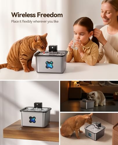 Cat Water Fountain Wireless + 6 Filters: [Visual Filter] & [Heavy-Duty Stainless Steel] FEELNEEDY- Premium, 3.2L/108oz, 4000mAh Battery Operated Pet Fountain with Sensor, for Cats and Dogs - Image 3