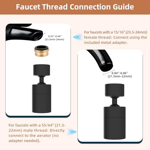 Hibbent Faucet Aerator, 360 Degree Kitchen Sink Faucet Aerator, Dual-function Swivel Big Angle Kitchen Faucet Attachment, Faucet Replacement Part, Matte Black - Image 6
