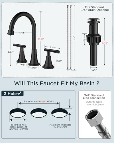FORIOUS Matte Black Bathroom Faucet 3 Hole Vanity 2 Pack Commercial Faucet - Image 6