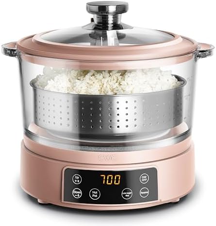 COOK WITH COLOR Glass Mini Low Carb Rice Cooker – Holds 2 Cups Raw/Makes 6 Cups Cooked with Auto Lift Filter Basket, Hotpot & Steamer for Rice, Grains, Digital Panel with Keep Warm, Dusty Rose by CookwithColor