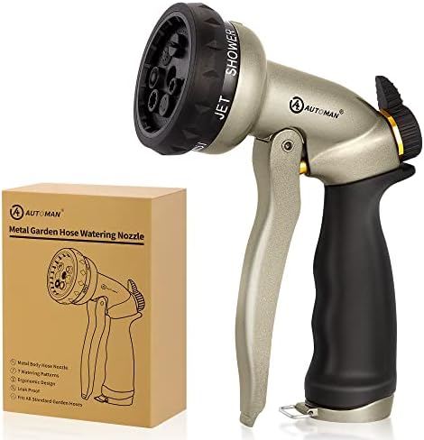 AUTOMAN Garden Hose Nozzle - 7 Patterns Sprayer, 100% Metal High Pressure Spray Nozzle, Labor-Saving Design, Heavy Duty Water Hose Nozzle for Garden Watering, Car Washing, Window Cleaning,Pets Bathing by AUTOMAN