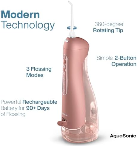 AquaSonic Aqua Flosser PRO - Rechargeable Electric Cordless Water Flosser for Teeth, Gums & Tongue - Waterproof Modern Design, 300ml Large Tank, 3 Modes, 6 Jet Tips, Deluxe Tongue Nozzle - Rose Gold - Image 4
