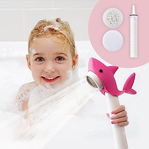 Barumi Livo Handheld Filtered Showerhead for Kids - Shark Pink | Micro Laser-Cut for Soft Water Spray, Multi-Level Filtration Removes Chlorine and Impurities for Skin and Hair by Barumi