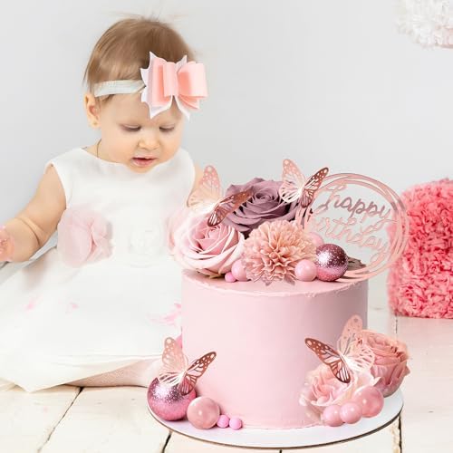Flower Cake Toppers, Happy Birthday Rose Gold Cake Decorations with Artificial Flowers Butterfly Balls for Wedding Baby Shower Birthday Party Supplies - Image 4