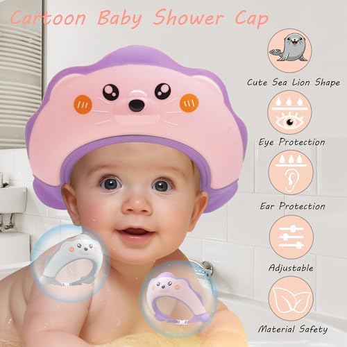 LiLiBBShie Baby Shower Cap, Baby Shower Cap Shield, Shower Cap for Kids, Visor Hat for Eye and Ear Protection for 0-9 Years Old Children, Cute Sea Lion shape Makes the Baby Bath More Fun (Pink) - Image 2