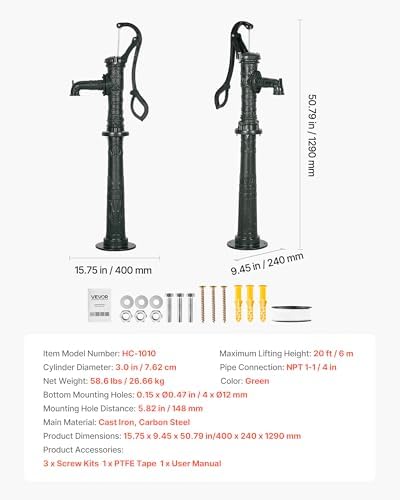 VEVOR Well Hand Pitcher Pump, 20 ft Max Lift, Antique Cast Iron Manual Hand Water Pump with Heightening Base, NPT 1-1/4 in Connection, Easy Installation, for Outdoor Garden, Pond, Yard, Farm, Green - Image 7