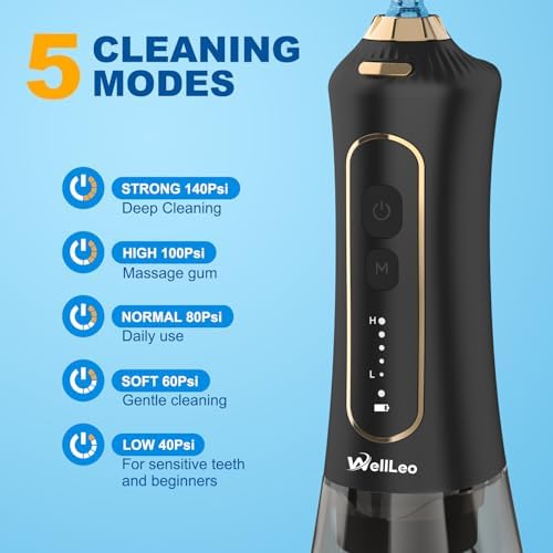 WellLeo Water Flossers for Teeth, 300ML Cordless Oral Irrigator Rechargeable Dental Flosser Picks with 5 Modes 5 Jet Tips,IPX7 Waterproof Teeth Cleaner for Braces Gum Care, Home Travel Use - Image 2