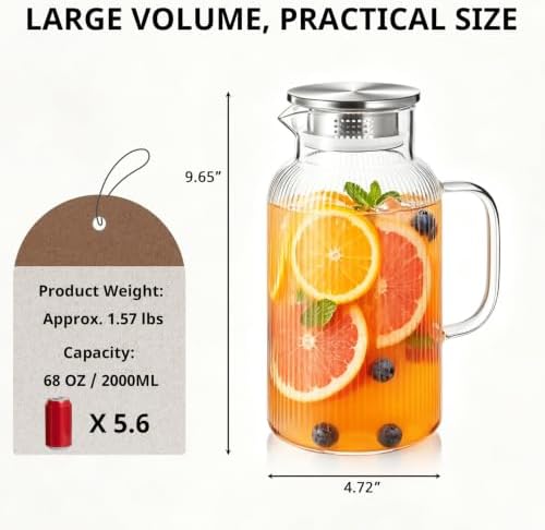 Bivvclaz 2 Pack 2 Liter 68 oz Stripes Glass Pitcher with Lid and Handle - Image 2