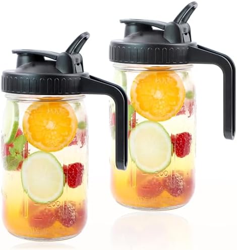 Mason Jar Pitcher With Pour Spout Lid (2 Pack) 32 Oz Wide Mouth Glass Pitcher With Handle And Flip Cap Lid 1 Quart Airtight Leak Proof Water Jugs For Iced Drinks, Iced Coffee, Milk, Lemonade by GMSWEET
