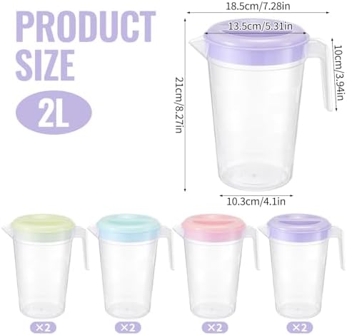 8 Pcs Plastic Pitcher with Lid & Handle, 2Qt Clear Water Pitcher Set, Round Beverage Pitchers with Easy Pour Spout for Water, Iced Tea, Party, Picnic, Camping and Home (4 Colors) - Image 2