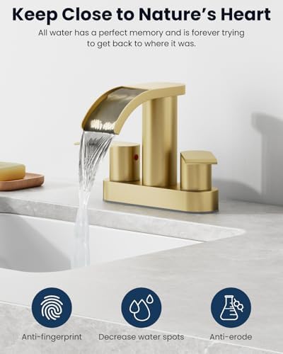 gotonovo 4’’ Centerset Bathroom Sink Faucet Waterfall Brushed Gold - Image 3