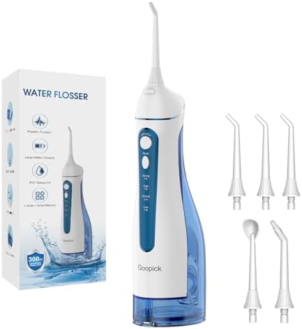 Cordless Portable Water Flosser with 300ML Tank: Rechargeable Oral Irrigator with 5 Tips for Travel, Braces Care and Sensitive Gums, IPX7 Waterproof Teeth Cleaning Device(Blue by Unknown
