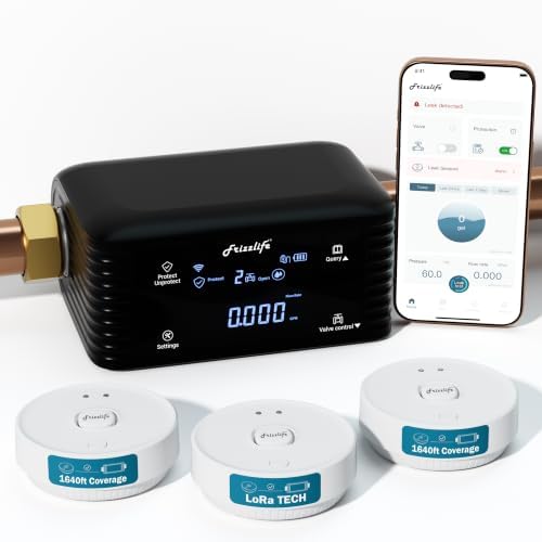 Frizzlife LPG365-P Smart Water Automatic Shutoff Valve W/ 3 Leak Sensors, 0.01 GPM Ultrasonic Micro Leak Detection,Wi-Fi/App Enabled Flow Meter, Pressure+Flow Monitor, 24/7 Water Usage Reports,3/4"＆1" by FRIZZLIFE