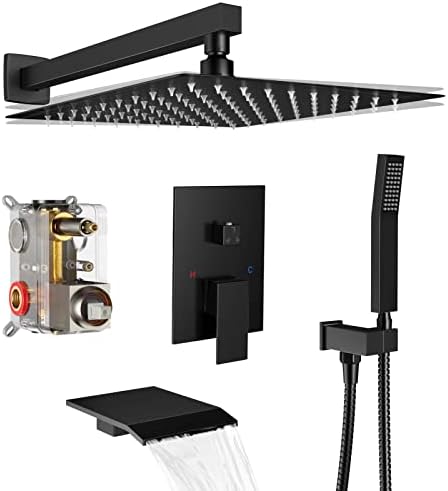 Matt Black Shower System Rain Faucet Set with Tub Spout, 12 inch by Dlvsoby