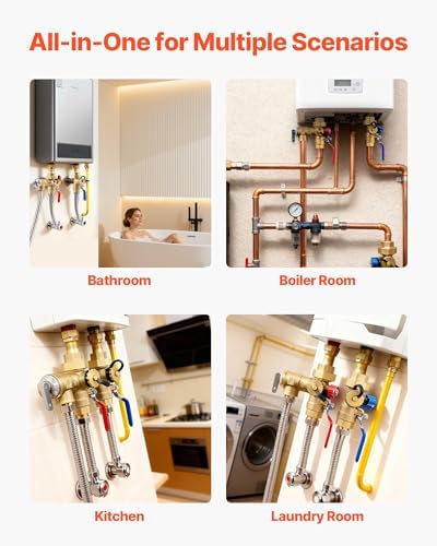 VEVOR Water Heater Kit, 3/4 Inch Tankless Water Heater Service Valve Kit with 2PCS 3/4″ NPT to 3/4″ NPT Isolation Valves, Pressure Relief Valve, Lead-Free Brass, Fits Most Tankless Waters Heaters - Image 6