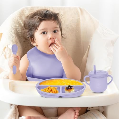 100% Silicone Baby Feeding Set,BPA Free Baby Dishes Set with Suction Bowl Divided Plate,Toddler Self Feeding Dish Set with Spoons Forks Sippy Cup and Bib, Baby Eating Utensils(Purple) - Image 6