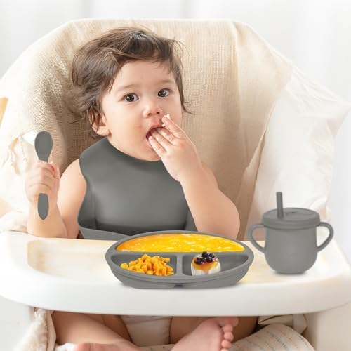 100% Silicone baby feeding set,BPA free Baby dishes set with Suction Bowl Divided Plate,Toddler Self Feeding Dish Set with Spoons Forks Sippy Cup And Bib, Baby Eating Utensils (Grey) - Image 6