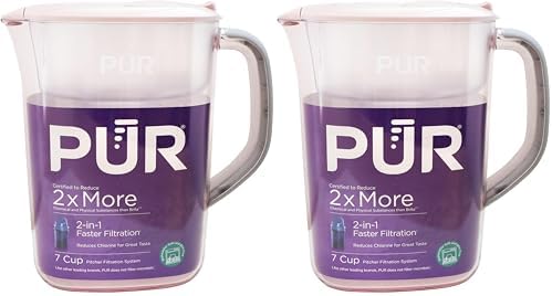 PUR 7-Cup Water Pitcher, 1 Genuine Filter, Cleaner, Great-Tasting Water, Dishwasher Safe, Powerful, Faster Filtration, LockFit Cap Design - Blush (Pack of 2) by PUR