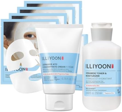ILLIYOON Ceramide ATO Moisturizing Milky Toner + Concentrate Cream + Face Mask : Dry & Sensitive Skin, Korean Skincare by ILLIYOON