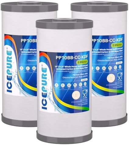 ICEPURE 5 Micron 10" x 4.5" Whole House Sediment Activated Carbon and KDF Water Filter Compatible with GE FXHTC, GXWH40L, RFC-BBSA W50PEHD Whirlpool WHKF-GD25BB GXWH35F GNWH38S Dupont WFHD13001, 3PACK by ICEPURE
