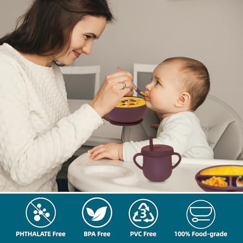 100% Silicone Baby Feeding Set, BPA Free Dishes With Suction Bowl, Divided Plate, Toddler Self Feeding Utensils, Spoons, Forks, Sippy Cup and Bib (Dark Red) - Image 5