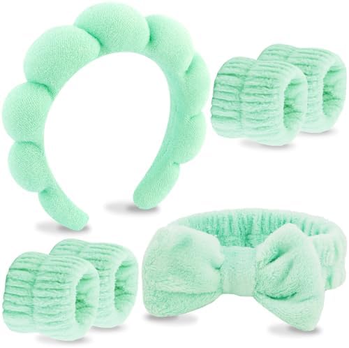 VELSCRUN Spa Headband, Makeup Face Wash Skincare Headbands, 6 Pcs Bright Green Sponge Bow Tie Get Ready HairBand Facial Wristband Set, Stuff for Teen Girls Women Trendy Fashion Hair Accessories by VELSCRUN