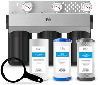 Brio Whole House Water Filter System w/Gauges | 3 Stage Fast-Flow Filtration (5 Micron Sediment, Carbon GAC, CTO Carbon Block) 4.5" x 10" Filters | Improves Taste, Protects Home Appliances | 720 GPH by Brio