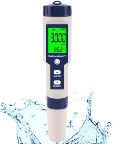 Pool Salt Tester & PH Meter, Hofun Digital Salinity Meter and PH Tester for Aquarium and Pool Saltwater Water, 5 in 1 Salinity PH Temp EC and TDS Meter, Aquarium Swimming Pool Hot Tub, Multiparameter by Hofun