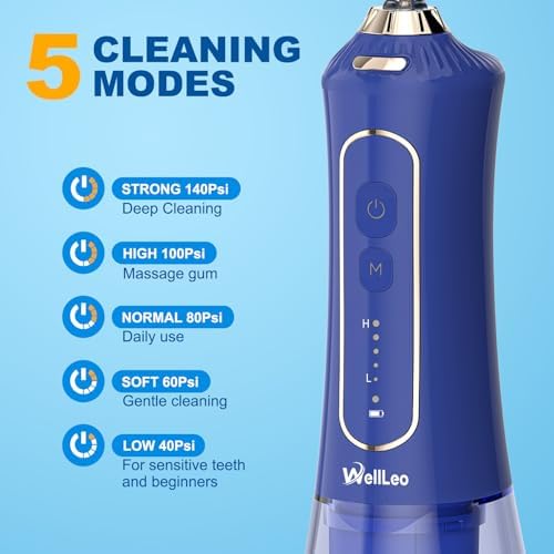 WellLeo Water Flossers for Teeth, 300ML Cordless Oral Irrigator Rechargeable Dental Flosser Picks with 5 Modes 5 Jet Tips,IPX7 Waterproof Teeth Cleaner for Braces Gum Care, Home Travel Use - Image 2