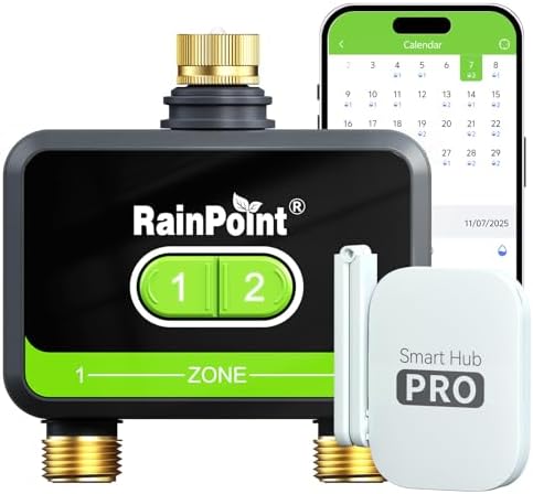 RainPoint WiFi Water Timer for Garden Hose with Brass Inlet & Outlet, 2-Zone Smart Hose Timer, WiFi Irrigation Controller via APP/Voice Control, Automatic Sprinkler Watering System for Lawns and Yard by RainPoint