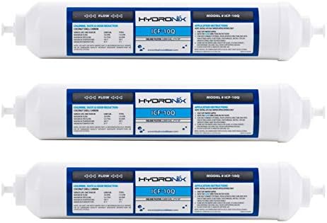 Hydronix ICF-10Q/3 Inline Post Activated Carbon Water Filter Replacement Cartridge with 1/4-Inch Quick Connect for Refrigerator, Ice Maker, RO Reverse Osmosis System, 2000 Gallons (3 Pack) by Hydronix