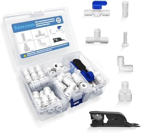 Water Tube Fittings Kit, 1/4" OD Quick Connect Push to Connect Fittings for RO/DI Water Filter System (Ball Valve+ T+ I+ L+ Y+ Professional Tubing Cutter, 46Pcs) by Sweezwon