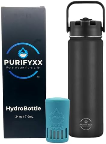 HydroBottle | Stainless Steel Filtered Water Bottle, 24 oz | BPA-Free, Removes Lead, Chlorine, Arsenic, VOCs | Filter Lasts 3 Months, Replaces 568 Plastic Bottles (Black) by Purifyxx