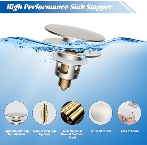 Hibbent 2 Pack All Metal Upgraded Bathroom Sink Stopper, Universal Pop Up Sink Drain Strainer, Brass Bullet Core Push Type Stopper for 1.1''~2.3''' Basin, Anti Clogging Drain Filter, Brushed Nickel - Image 2