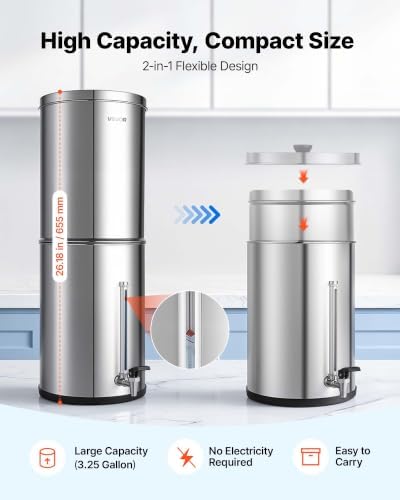 VEVOR Gravity-fed Water Filter System, 3.25G 304 Stainless-Steel Countertop Water Filtration System, Reduces Lead and up to 99% of Chlorine, with 2 Carbon Filters, Water Level Spigot, for Home Camping - Image 6