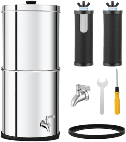 2.25G Ultra-Filtration Gravity Water Filter System，304 Stainless Steel Countertop System with 2 Filters & Metal Faucet，NSF/ANSI 42 Certification，Reduce 99% Chlorine by Unknown
