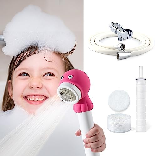 Barumi Livo Filtered Showerhead for Kids Combo Kit | Octopus Pink | Children's Handheld Shower Heads with PVC Hose & Shower Holder by Barumi